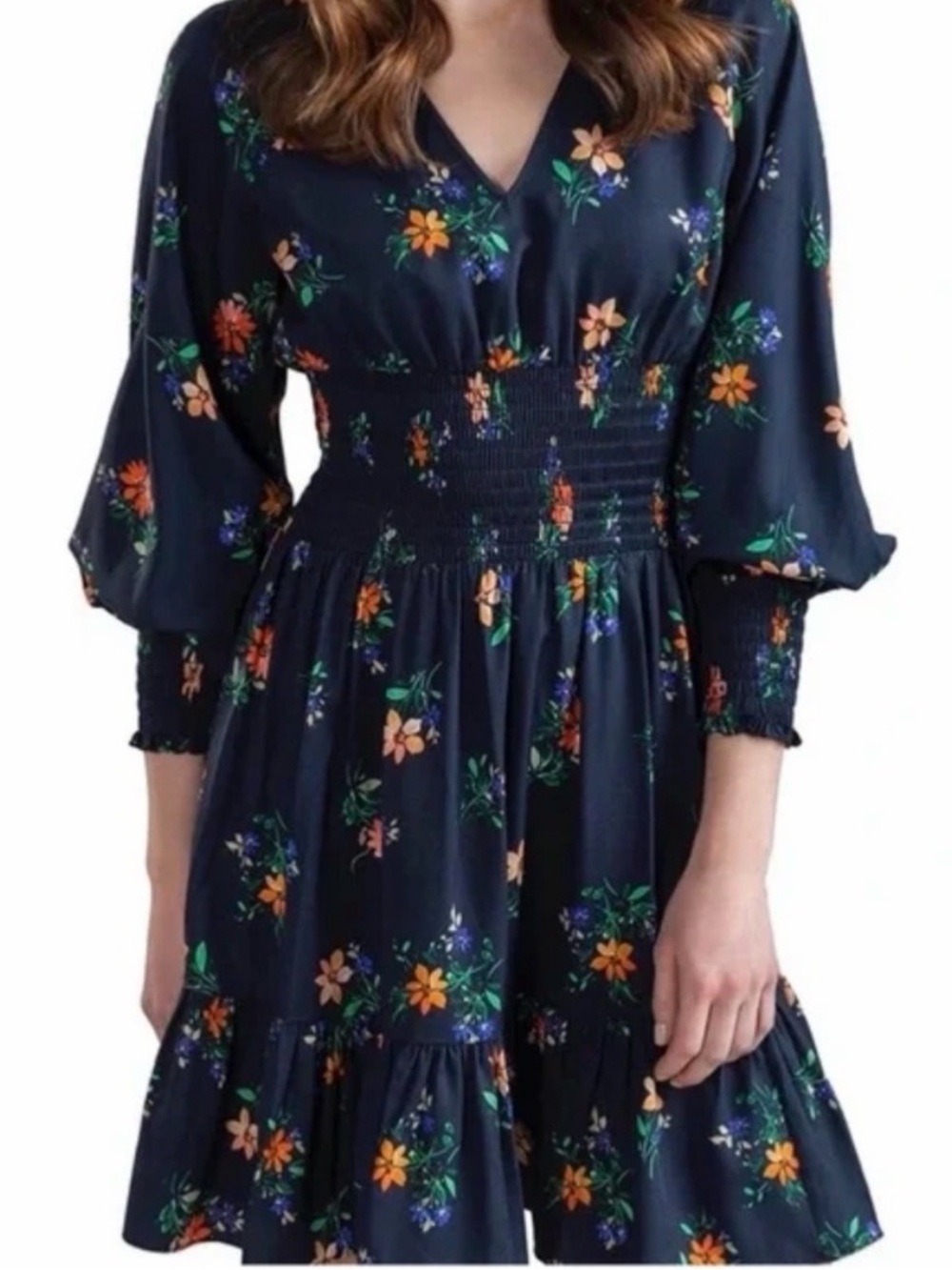 Shoshanna Navy Floral Long-Sleeve Smocked Flattering Tanner Dress